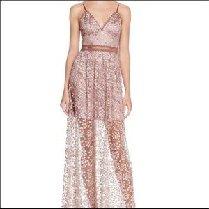 AQUA Bloomingdales Long Floral Formal Beaded Lace Dress - Pink / Mauve Sz M